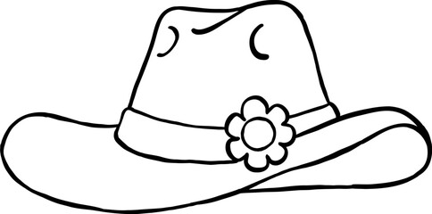 A cowboy hat with a decorative flower on the band, drawn in a simple line-art style