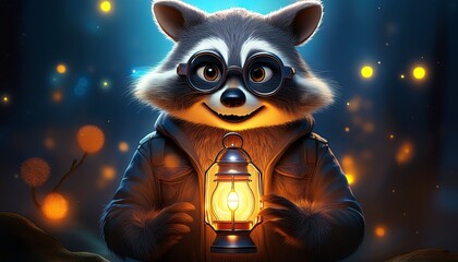 A funny, scruffy raccoon with oversized round glasses and a cheeky grin, clutching a tiny glowing object&mdash;charming and mischievous in a magical forest setting.