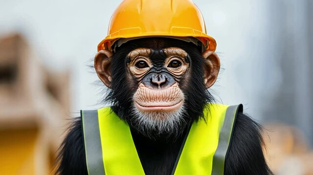 A adorable chimpanzee wearing a yellow hard hat and reflective vest, posing confidently at a construction site, showcasing playful professionalism.