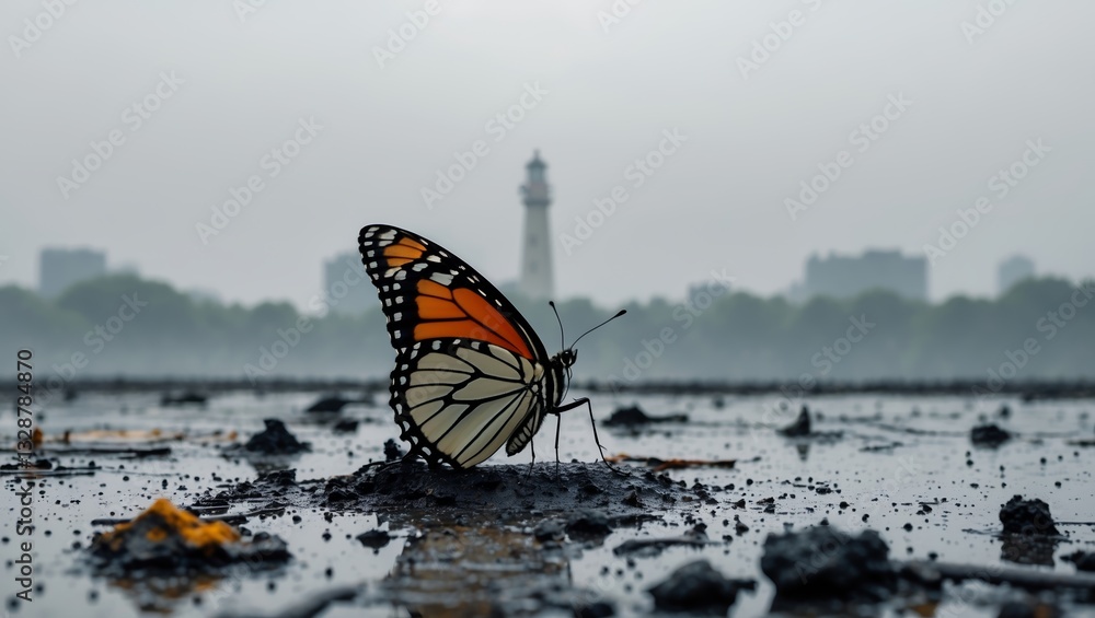 Poster Butterfly resting on a wet surface with a lighthouse in the background during a foggy day