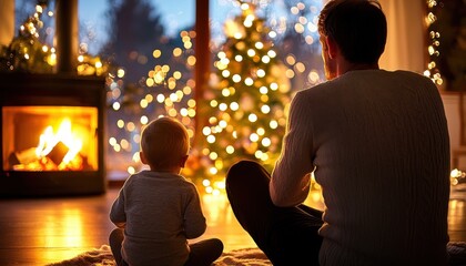 Experience the heartwarming scene of Father and child sitting by the fireplace, deep trust and warmth in the glow, captured in stunning detail This cozy family moment showcases love and connection