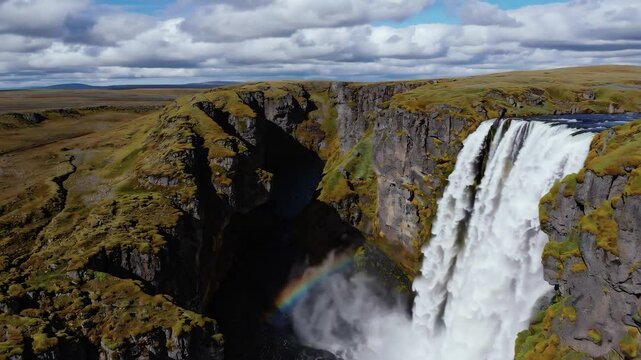 Majestic waterfall in Iceland drone view
