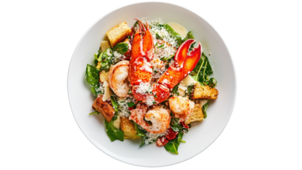 A lobster Caesar salad with croutons and parmesan