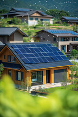 Modern Eco-Friendly House with Solar Panels on the Roof – Sustainable Living with Renewable Energy in a Scenic Environment