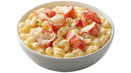 A bowl of rich and creamy lobster mac and cheese on a white background