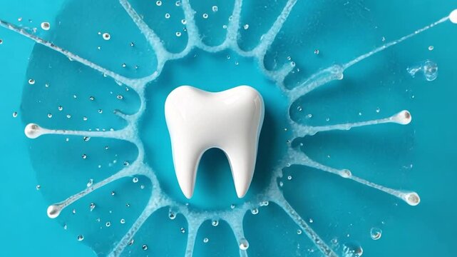 White Tooth Surrounded by Water Splash on Bright Turquoise Background Representing Dental Care and Oral Hygiene Importance