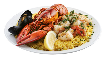 A lobster paella with saffron rice and shellfish
