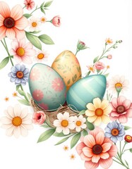 Illustration of Easter eggs on a background of flowers on a white background
