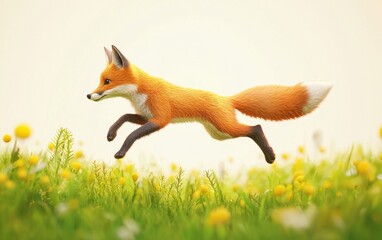 Small red fox jumping in the grass, on a pastel pale yellow background