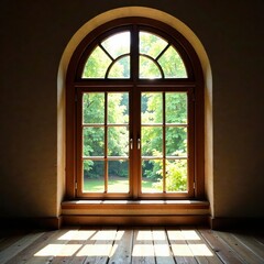 Fototapeta premium Rustic arched wooden window, sunlight streaming through, design, curve
