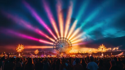 Fototapeta premium A vibrant festival scene featuring a large Ferris wheel illuminated by colorful lights, with a crowd enjoying the lively atmosphere under a dramatic sky.
