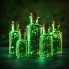 Glowing Green Potion Bottles with Sparkling Light Effects in Darkness