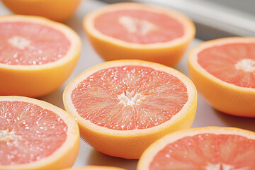 Juicy pink grapefruit halves arranged in rows, showcasing vibrant color and texture