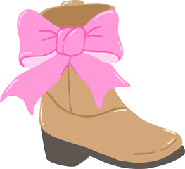 Illustration of a brown cowboy boot decorated with a big pink ribbon bow, combining western fashion with a stylish and feminine touch