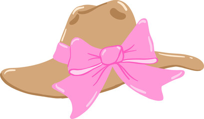 Illustration of a brown cowboy hat decorated with a large pink bow, representing a feminine and stylish take on Western fashion