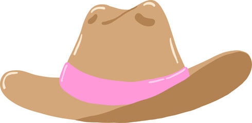Illustration of a classic brown cowboy hat featuring a pink hatband, blending traditional Western style with a modern and feminine touch