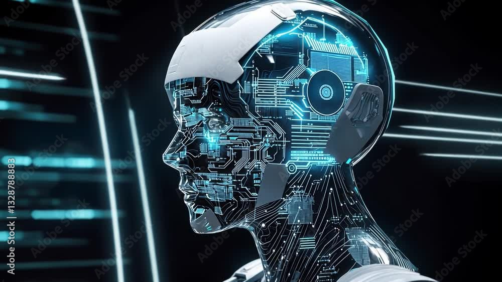 Aufkleber futuristic robotic head with intricate circuitry and glowing blue lights symbolizing artificial inte