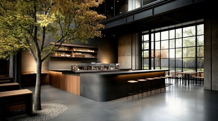 Modern minimalist bar interior with wooden accents, tree and natural light in stylish contemporary space
