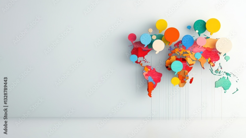 Aufkleber a creative visualization of language diversity using speech bubbles shaped like continents.