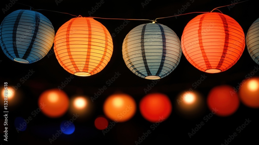 Poster colorful lanterns glow warmly in a dark setting, creating a festive and inviting atmosphere.