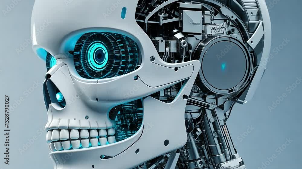 Poster futuristic robot with transparent skull design showcasing advanced technology and intricate circuitr