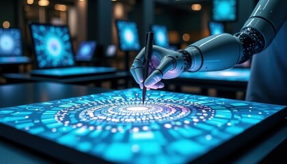 Robotic arm creating intricate patterns on digital display in a modern tech environment
