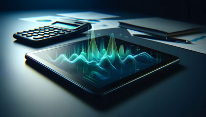 A futuristic tablet displaying dynamic data visualization, with a glowing graph on its screen. The background shows an office setup with a calculator and papers, emphasizing a high-tech workspace.