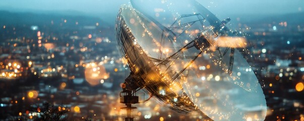 An aerial photograph showing a satellite dish over a city at night