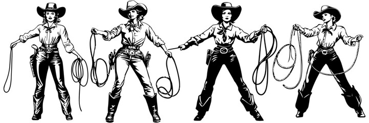 Fototapeta premium Cowgirl Silhouette Vector Pack – Hop, Ride & Action Poses for Designers 