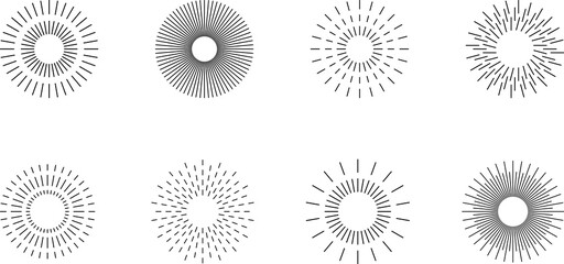 Vintage sunburst set. Bursting rays sunrise firework starburst blast, Radiant Spark. Rays. Geometric Design Elements. Retro radiant sunburst, starburst hand drawn label, sun rays.