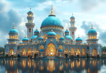 Fototapeta premium Majestic Palace with Blue Domes Reflected in Water