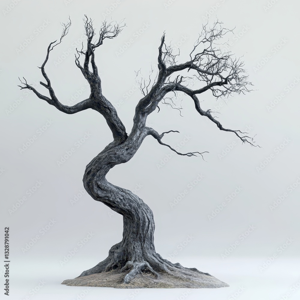Poster twisted leafless tree on a light background in a minimalist style