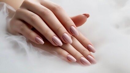Fototapeta premium Women's hands with beautiful manicure on nails of pastel brown color, white foggy background, mocha mousse fashion trend 2025