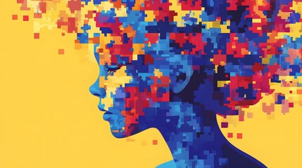 Digital illustration of a female profile with fragmented puzzle pattern in blue, red, and yellow on a yellow background