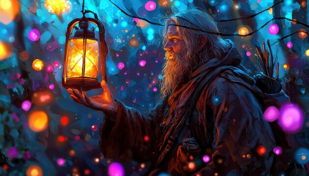 Embark on a mystical journey with a solitary figure, a Mysterious wanderer carrying a lantern of pure starlight, illuminating the void, casting ethereal glows across an otherworldly landscape Witness