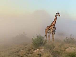 Obraz premium Misty Morning Giraffe in African Savanna
