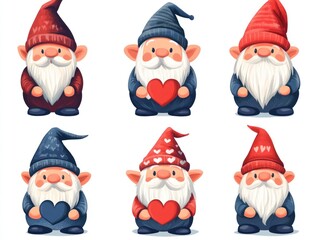 Six adorable cartoon gnomes in red and blue winter hats holding hearts.  Perfect for Valentine's Day or winter holiday designs.
