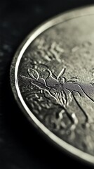 Close up of a detailed coin displaying intricate patterns and textures