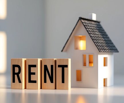 A white house with a sign that says rent on it. The house is made out of wooden blocks