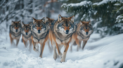 Naklejka premium Several wolves are seen trekking through a snow-covered forest, showcasing their pack behavior. The winter landscape highlights their sleek fur and strong build as they navigate the terrain