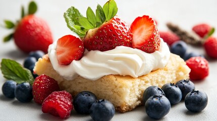 Delicious Fresh Strawberry Dessert with Cream Topped on Cake Surrounded by Juicy Berries and Mint Leaves