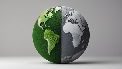 Creative representation of the globe showcasing natural greenery on one half and a stark gray color on the other, illustrating environmental contrasts