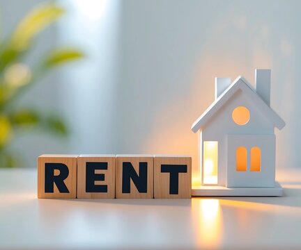 A house is on a table with the word rent written in blocks. The house is lit up and surrounded by a plant