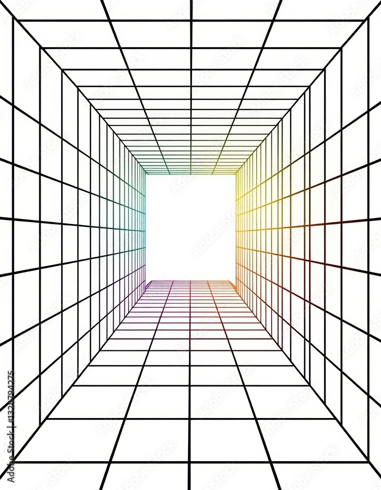 Poster minimalist 3d perspective grid illustration with colorful gradient at the center on a white backgrou