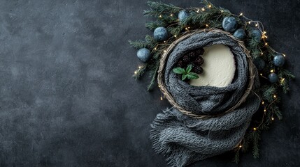 Flat lay of a wreath made of greenery and berries on a dark grey textured background. the wreath is made of twigs and branches, with small blue berries scattered around it.