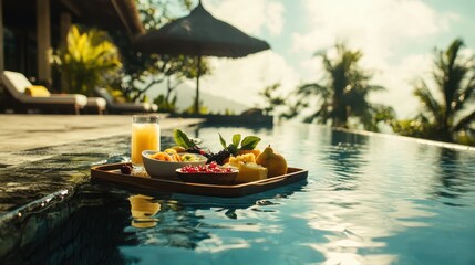 Obraz premium Of a Elegant resort pool with floating breakfast tray, tropical fruits, and a serene morning atmosphere