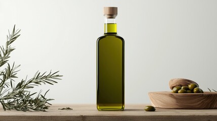 Bottle of olive oil on a wooden table. the bottle is tall and cylindrical with a cork stopper on top. it is filled with a golden-green liquid, which appears to be olive oil.