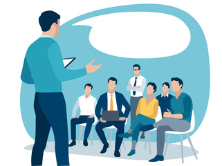 Education, presentation, learning, business illustration. Speech bubble for headline. Business team listening to the teacher.
