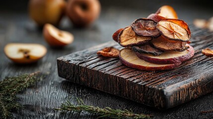 Wooden cutting board with a pile of sliced apples on it. the apples are arranged in a circular pattern on the board, with some of them overlapping each other.
