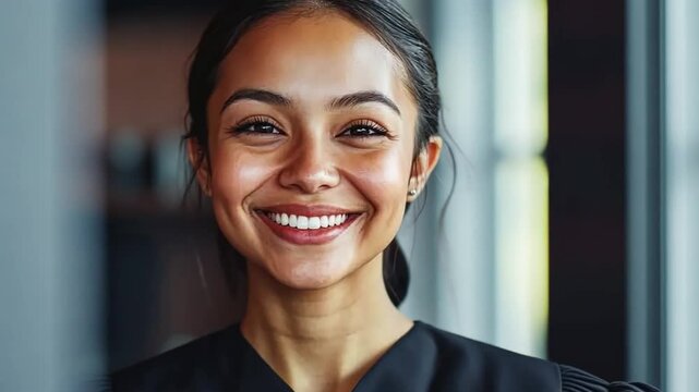 This portrait features a smiling female judge in a black robe. The image radiates confidence and authority, perfect for showcasing legal professionalism in articles or websites. AI